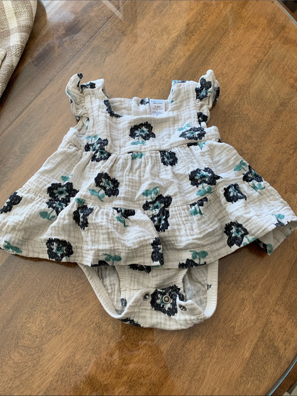 Carter's cream Floral Ruffle Bodysuit with Black and Teal Flowers